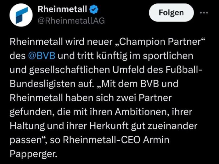 Rheinmetall wird Sponsor von Borussia DortmundDer Rüstungskonzern Rheinmetall ha...