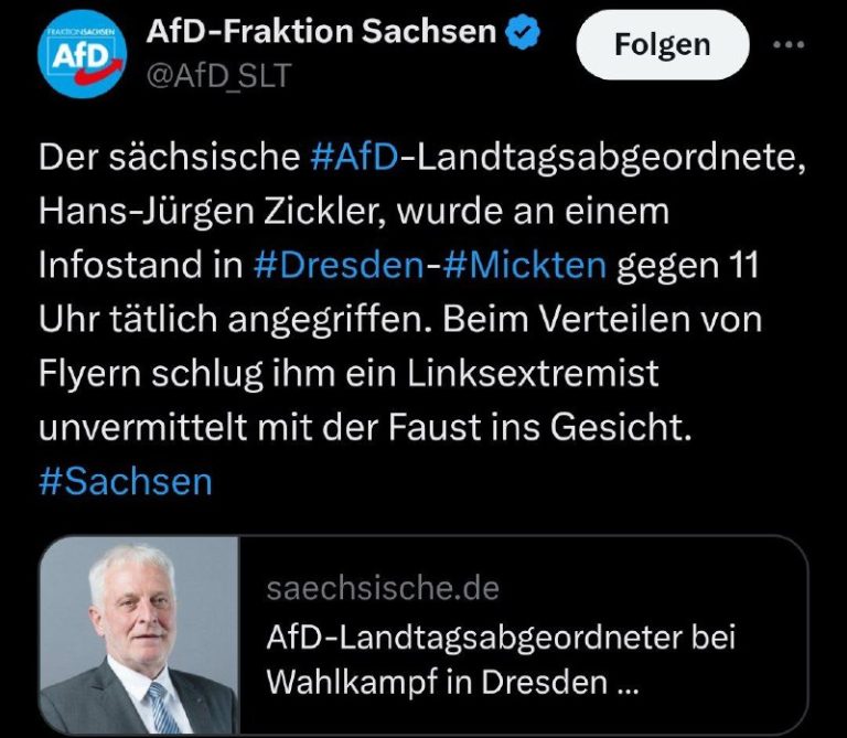 AfD-Politiker in Dresden attackiert: Faustschlag ins Gesicht