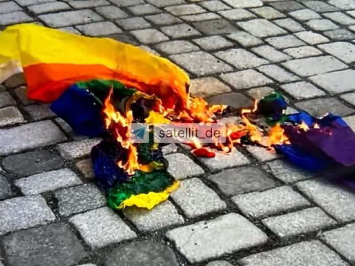 Regenbogenflagge auf Kundgebung in Dresden verbranntIn der sächsischen Landeshau...