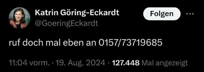 Göring-Eckardt bittet auf X um Anrufe – Nutzer verwirrt Die Vizepräsidentin des ...