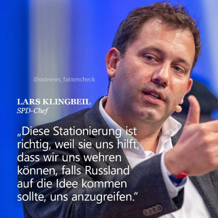 Klingbeil hält Stationierung von US-Raketen in Deutschland für richtigSPD-Chef L...
