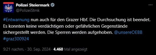 Entwarnung: Keine Sprengsatzdrohung am Grazer Hauptbahnhof