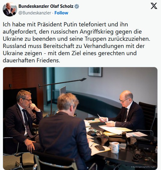 Auch Bundeskanzler Olaf Scholz hat auf X das Gespräch mit dem russischen Präsid…