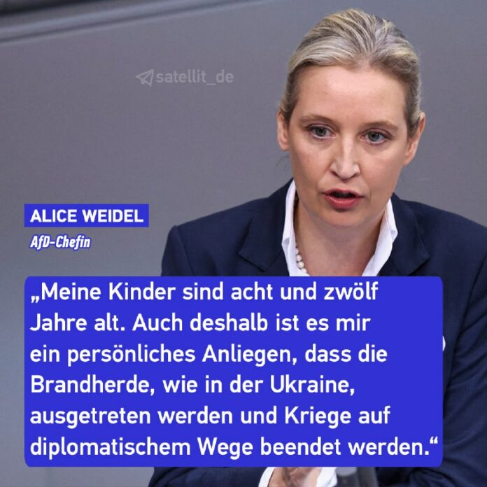 AfD-Chefin: Kriege nur auf diplomatischem Wege beendenFür Alice #Weidel, AfD-Che...
