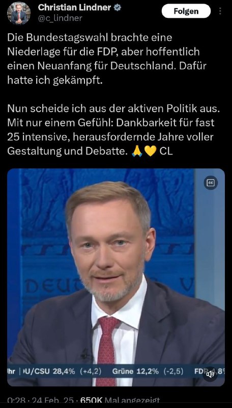 Lindner: „Nun scheide ich aus der aktiven Politik aus“FDP-Chef Christian #Lindne…