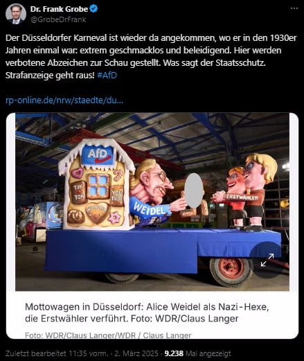 Karnevalswagen zeigt Weidel als Nazi-HexeDer öffentlich-rechtliche WDR soll dem …