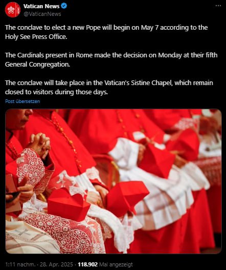 Wahl des neuen Papstes: Starttermin steht fest Nach dem Tod von #Papst Franzisku…