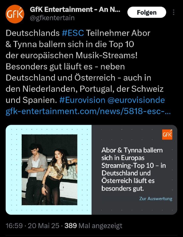 Abor & Tynna bei Spotify erfolgreicher als beim ESCDas Musikduo „Abor & …