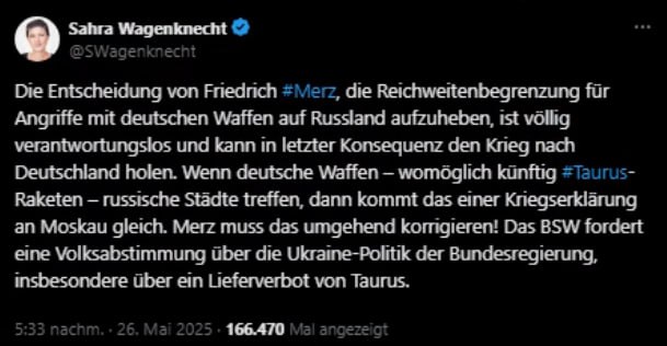 BSW-Chefin fordert Volksabstimmung zu #TaurusSahra #Wagenknecht, die Vorsitzende…