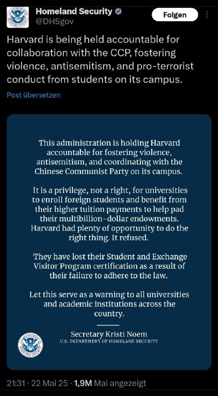 US-Regierung verbietet Harvard Aufnahme ausländischer StudentenDie US-Regierung …