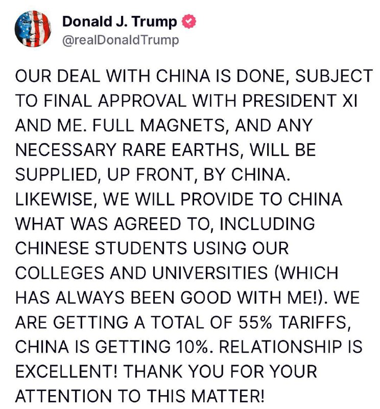Trump verkündet Einigung mit China zu Seltenen Erden und ZöllenDie #USA und #Chi…